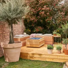 Ein idyllischer permakultur garten mit Olivenbaum, Zitruspflanze, Kräutern und Sitzgelegenheiten auf einer Holzterrasse.