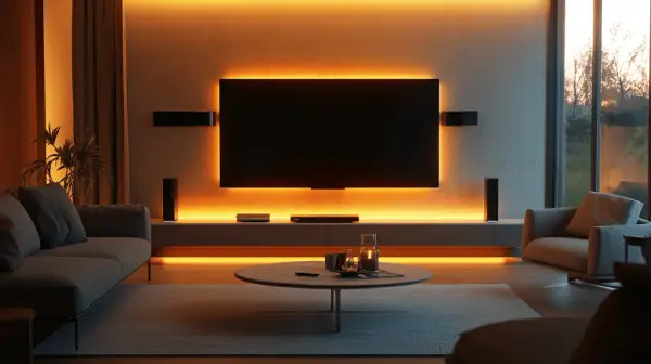 Gemütliche tv wand ideen mit indirekter Beleuchtung und modernen Möbeln.