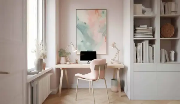Schreibtisch mit Computer und Stuhl, perfekt um ein **home office im wohnzimmer integrieren**. Bücherregal und Kunstwerk schaffen Gemütlichkeit.